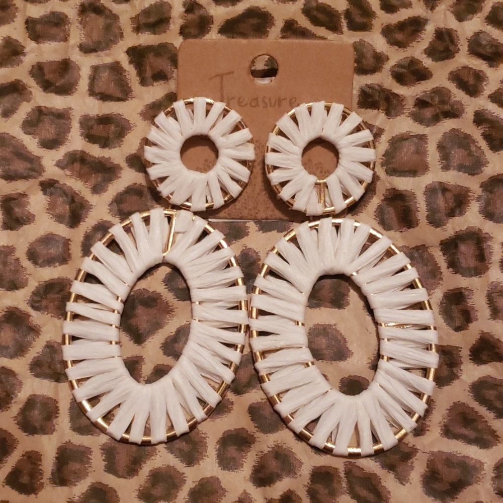 White Wrapped Raffia Gold Boho Southwest Earrings